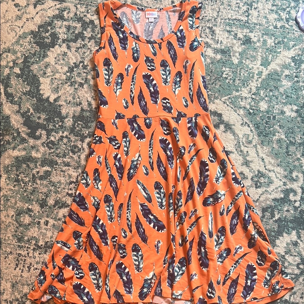 LuLaRoe Peach and Blue Feather Dress